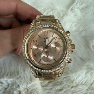 Rose Gold Chronograph-Style Watch with Rhinestones